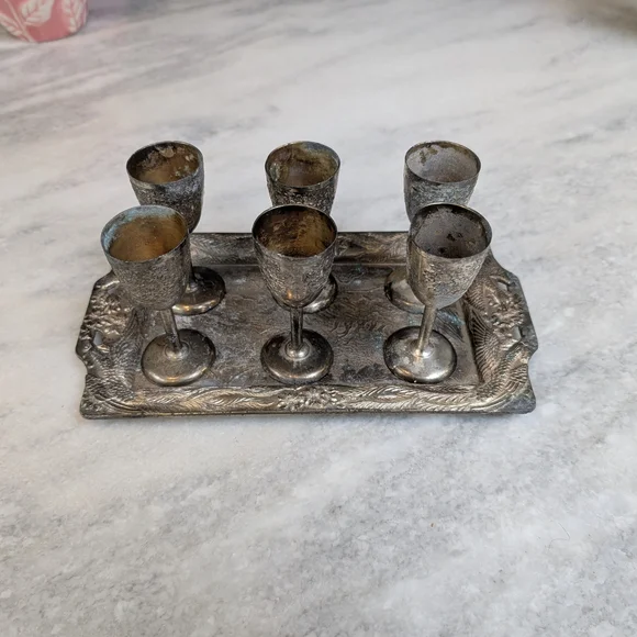 Antique Silver Plated Goblet Set of 6 with Serving Tray from Occupied Japan - Picture 1 of 8